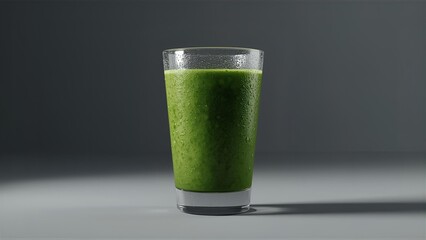 A studio shot showing a glass filled with a healthy green smoothie on a grey background.
