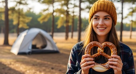 Happy young woman holding a delicious pretzel near a camping tent, embodying an outdoor adventure and cozy autumn snack concept