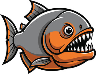 Angry cartoon piranha mascot with sharp teeth and open mouth.