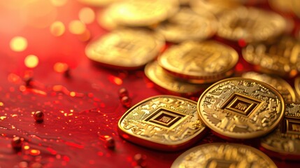Golden chinese coins on red background for lunar new year celebration decoration. Horizontal banner. Copy space. Spring Festival. Free space for text