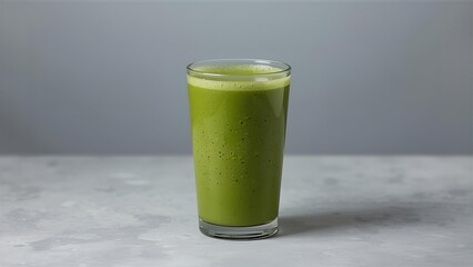 A studio shot showing a glass filled with a healthy green smoothie on a grey background.
