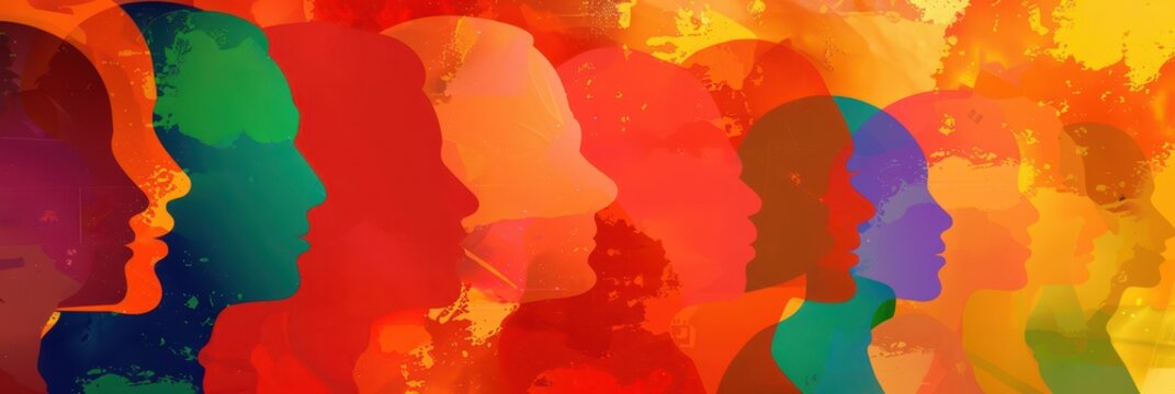 Vibrant celebration of international mother language day with colorful human silhouettes for text space. Horizontal banner. Copy space. Multiculturalism, equality concept. Watercolor illustration - Powered by Adobe