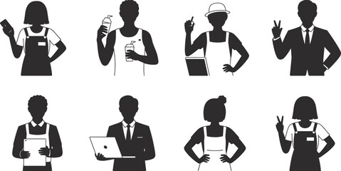 Business and service worker silhouette icon set illustration, professional people gestures, office staff, retail employees, modern workforce collection