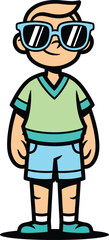 Cool cartoon boy with blonde hair and big blue sunglasses wearing a green shirt and blue shorts standing and smiling confidently.