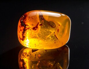 Close-up of a smooth, amber-colored stone with inclusions