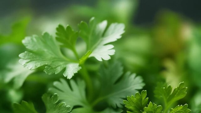 Vibrant close-up of fresh green cilantro leaves, showcasing their delicate texture and natural aroma, a staple herb for culinary creations and healthy cooking