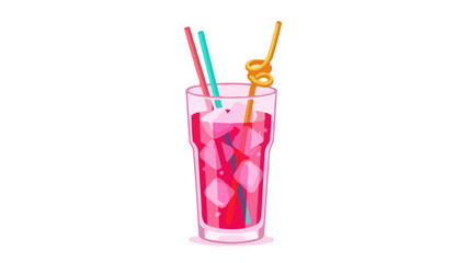 Refreshing Pink Cocktail with Ice and Colorful Straws in a Tall Glass