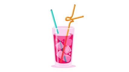 Refreshing Pink Cocktail with Ice Cubes and Two Straws in a Tall Glass