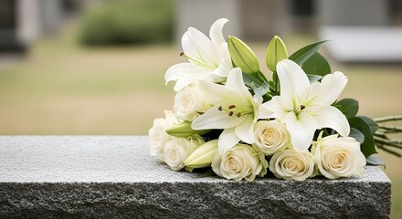 Elegant white flowers composed of lilies and roses resting gently on a weathered memorial plaque, conveying a heartfelt remembrance and solemn tribute concept. © antuanetto