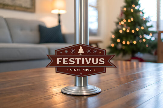 Festivus living room with metal pole, festive sign, and glowing Christmas tree&mdash;blending alternative holiday humor with cozy seasonal celebration. generative ai