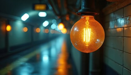 Orange Edison bulb lights wet subway tunnel with blurry blue and yellow lights in background. Dim interior passage reflects on wet floor. Dark station platform is empty.