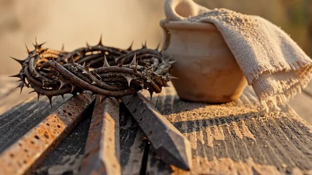 A rustic wooden surface displays a crown of thorns, two rusted iron nails, and a small clay pot covered with a cloth, surrounded by a softly blurred background