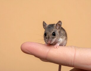 Close-up of a tiny mouse perched on a human finger