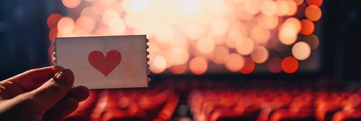 Naklejka premium Romantic movie night with heart ticket in cinema for valentine day celebration. Horizontal banner. Copy space. Mock-up, template for cinema or theatre. White card with heart in hand, cinema background