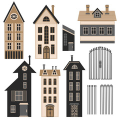 Townhouse buildings and wrought iron gate collection, isolated on white, flat vector illustration