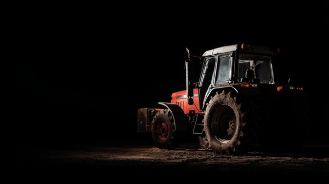 diesel tractor engine partially lit at night, agricultural machinery, dark background, strong rugged mood, negative space for title, realistic