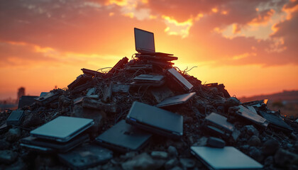 Discarded laptops and tablets heap up against vibrant sunset sky. Electronic waste pile shows obsolete tech gadgets on dump site. Digital detritus lit by orange sunglow.