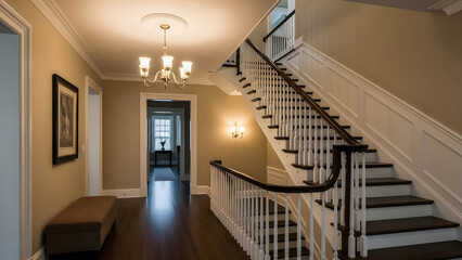 Fototapeta premium Interior of a house with staircase and chandelier