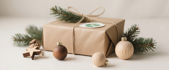 Gift box wrapped in brown paper with ornaments and pine branches  