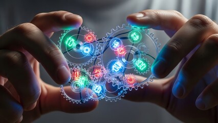 Hands holding social media icons digitally.