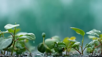 Close up of small green plants growing with sunlight and water droplets