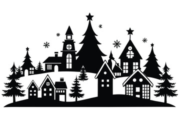 Fototapeta premium christmas village line art silhouette vector illustration