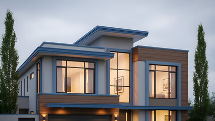 Modern two story house with large windows and blue trim