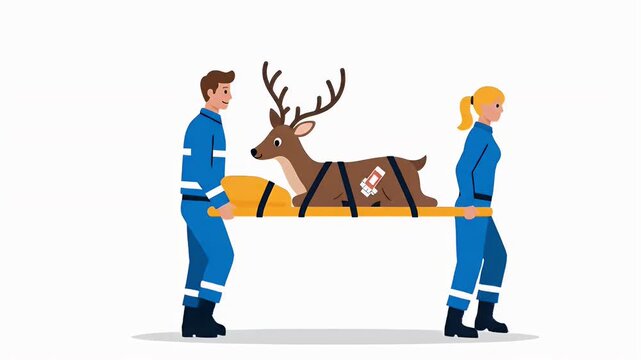 Emergency medical team rescuing an injured deer on a stretcher vector illustration