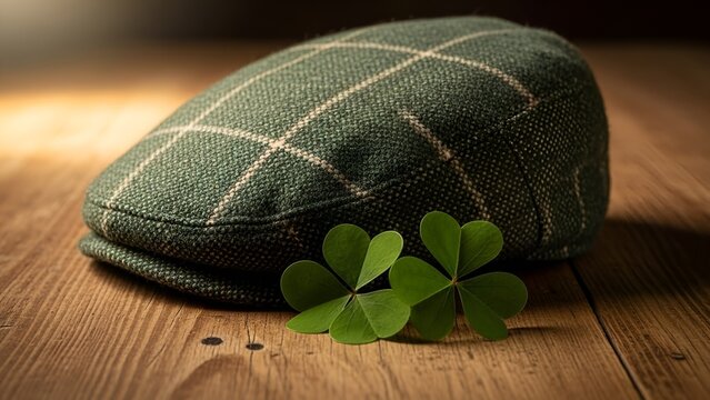 Green Irish Tweed Flat Cap with Shamrock on Wooden Table