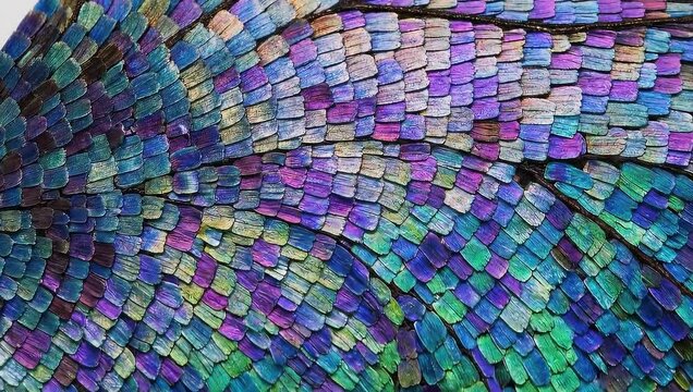 Detailed macro view of iridescent scales in blue, green, and purple. The texture forms a mesmerizing abstract pattern with vibrant, shimmering colors