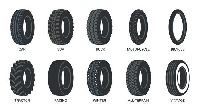 Different Vehicle Tires: Car, SUV, Truck, Motorcycle, Bicycle, Tractor, Racing, Winter, All-Terrain, Vintage