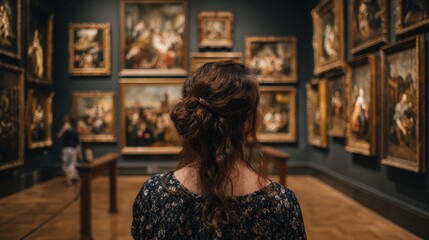 A visitor admires timeless paintings in a historical art gallery filled with stunning works.