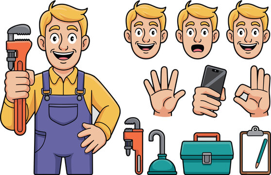 Cartoon handyman character holding adjustable pipe wrench showing different facial expressions and gestures for repair, plumbing, maintenance, construction, humor, professional service, DIY, home impr
