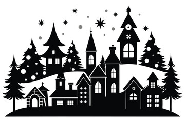 Obraz premium christmas village line art silhouette vector illustration