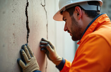 Construction worker inspects large crack on concrete wall surface. Man wears hard hat and orange jacket. Gloved hands touch textured rough plaster. Safety check outdoors.