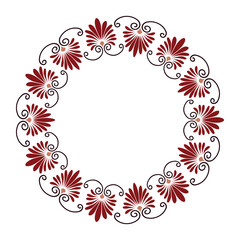 Seamless classic Greek ornament. Round frame with red flowers on white background. Ancient Greece, Roman Empire. Classic Endless pattern frame border. Typical egyptian, assyrian, greek motives