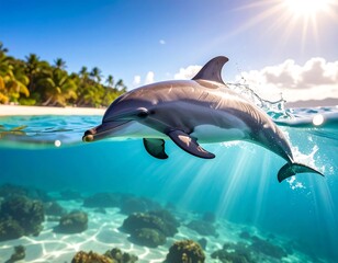 Fototapeta premium Oceanic scene with a dolphin leaping from the turquoise water