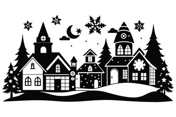 Fototapeta premium christmas village line art silhouette vector illustration