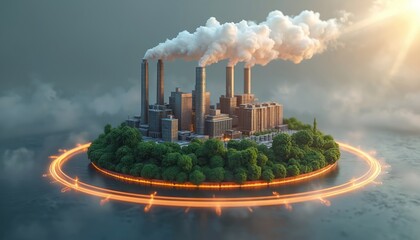 Industrial complex on island emits smoke into sky. Green trees surround factory buildings. Orange energy ring glows around island. Sun shines through clouds.