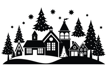 Fototapeta premium christmas village line art silhouette vector illustration
