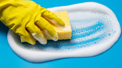 Hand in yellow rubber glove holding a yellow sponge with soap suds and bubbles on blue background, close-up, cleaning concept