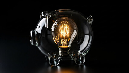 Glass piggy bank with a glowing light bulb inside on a dark background, symbolizing ideas and savings
