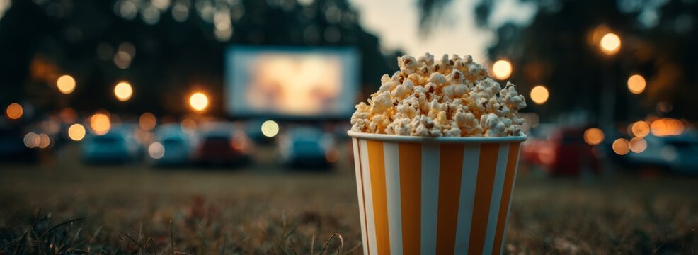 Popcorn in striped bucket at outdoor movie screen during evening  