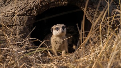 Meerkat coming out of his hole in old wood.