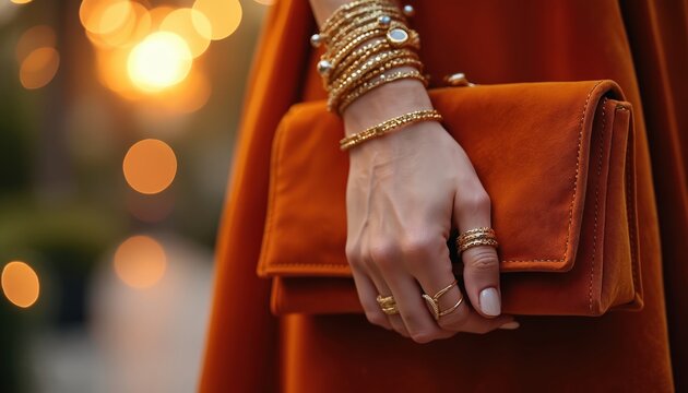 Woman hand holds orange clutch purse, wearing gold bracelets rings. Elegant accessory for party or special event, evening style with bokeh lights background.