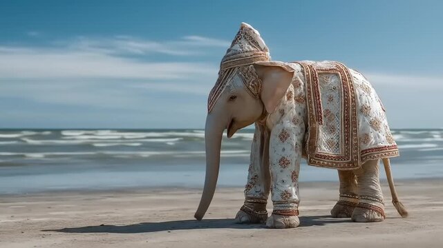 Decorated elephant standing on a sandy beach against blue sky