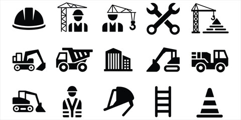 Fototapeta premium Collection of construction industry icons on a white background Keywords: construction, icon, symbol, industry, building, crane