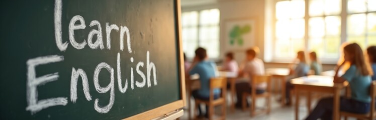 Chalkboard says Learn English. Diverse students sit at desks in sunlit classroom. Children attend lesson in school. Young people study at tables.