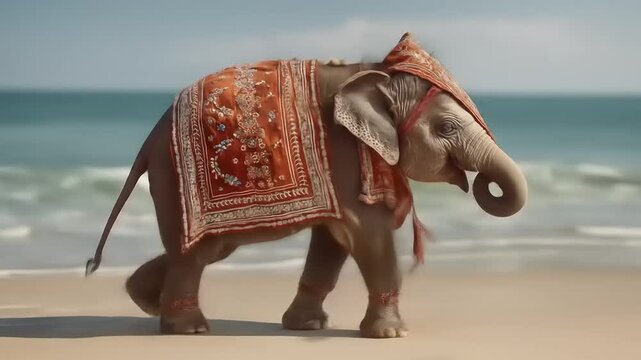 Decorated elephant walks on sandy beach near ocean with bright daylight