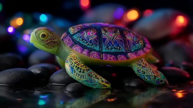 Decorated turtle figurine on wet pebbles with colorful background lights